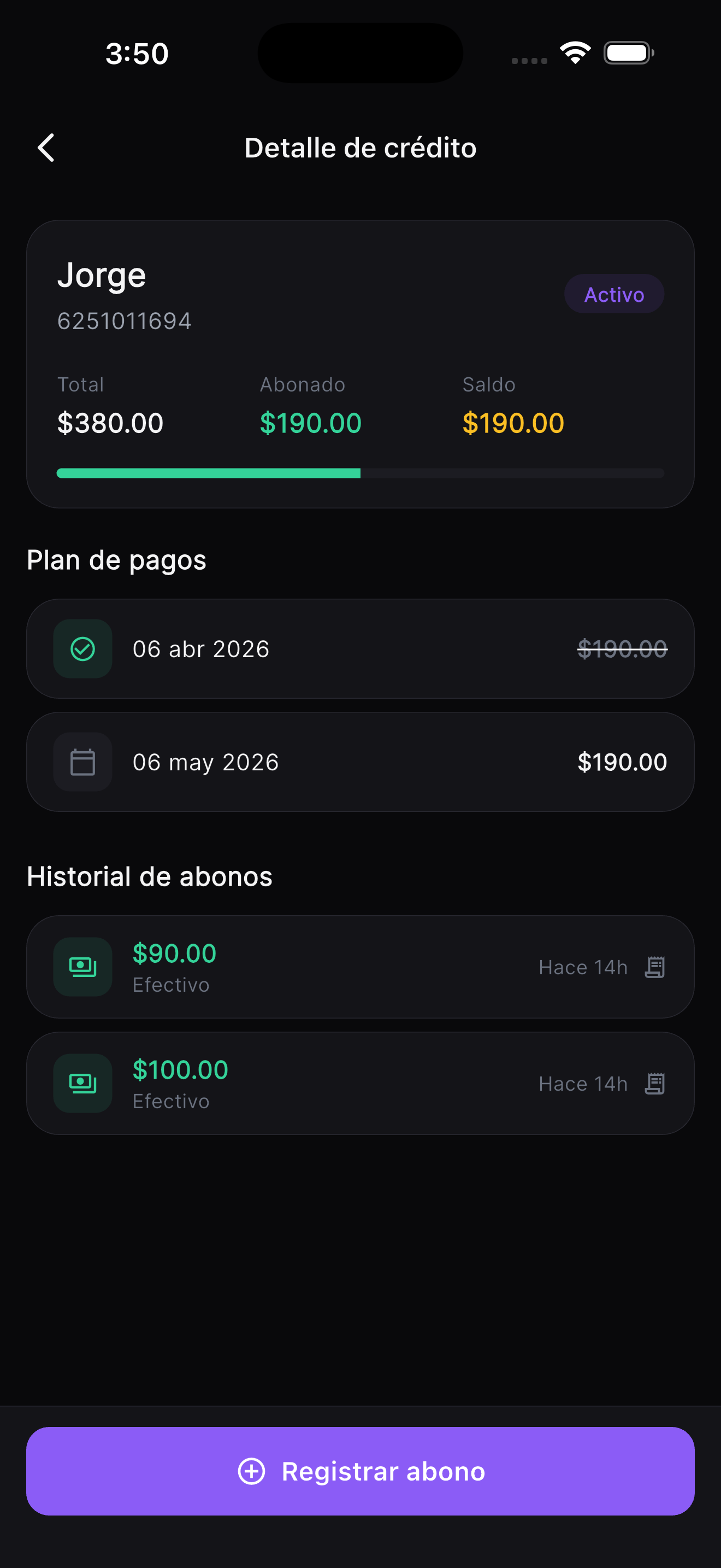 Detalle de crédito con plan de pagos y abonos registrados
