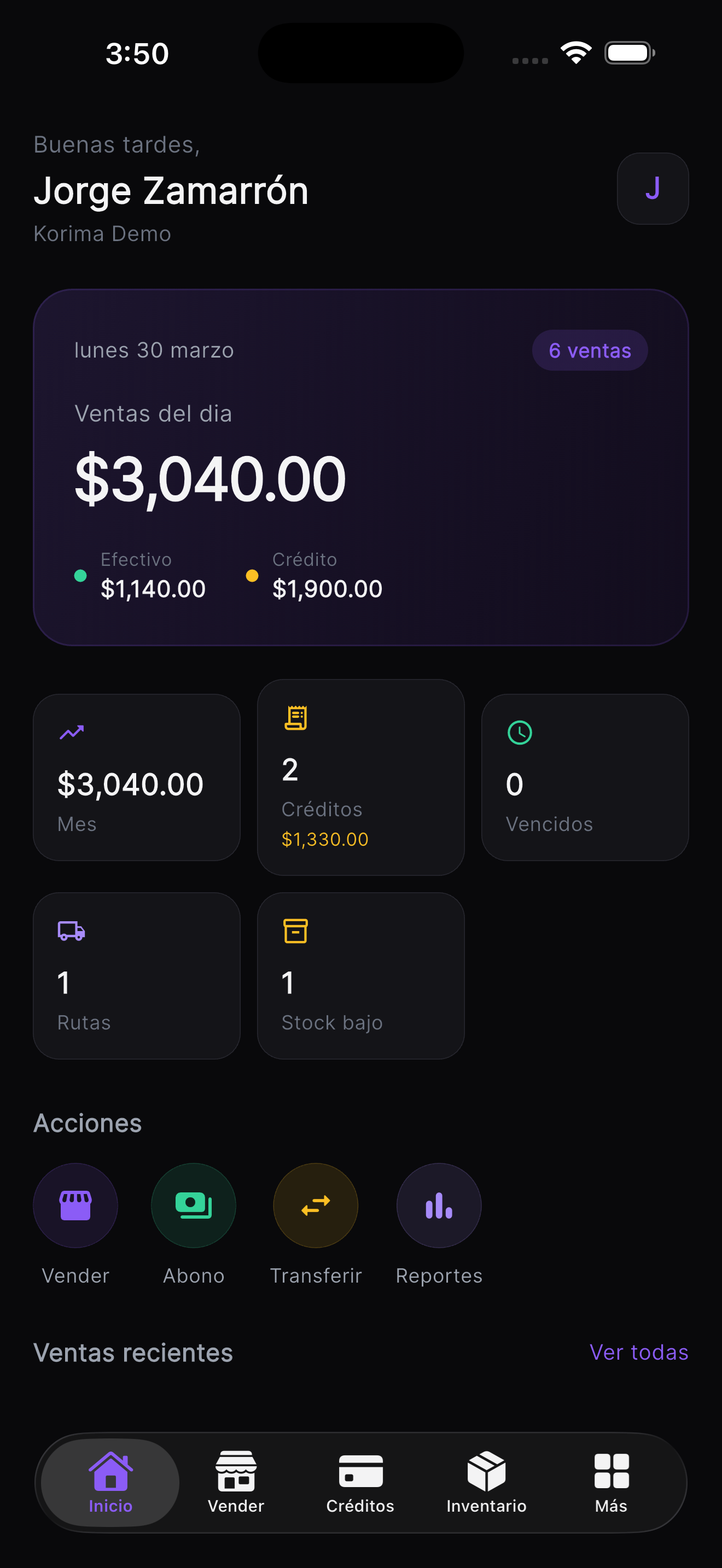 Dashboard de Korima app de punto de venta gratis mostrando ventas del día