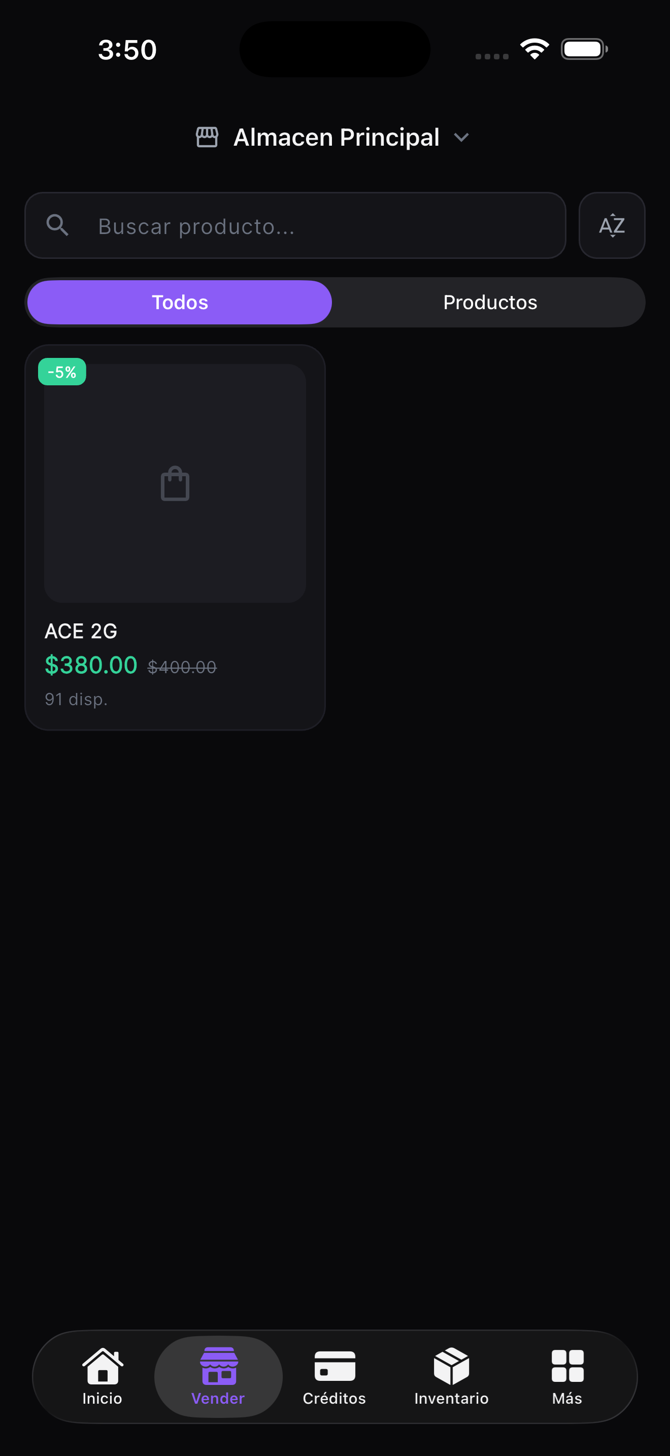 Pantalla de punto de venta para buscar y vender productos