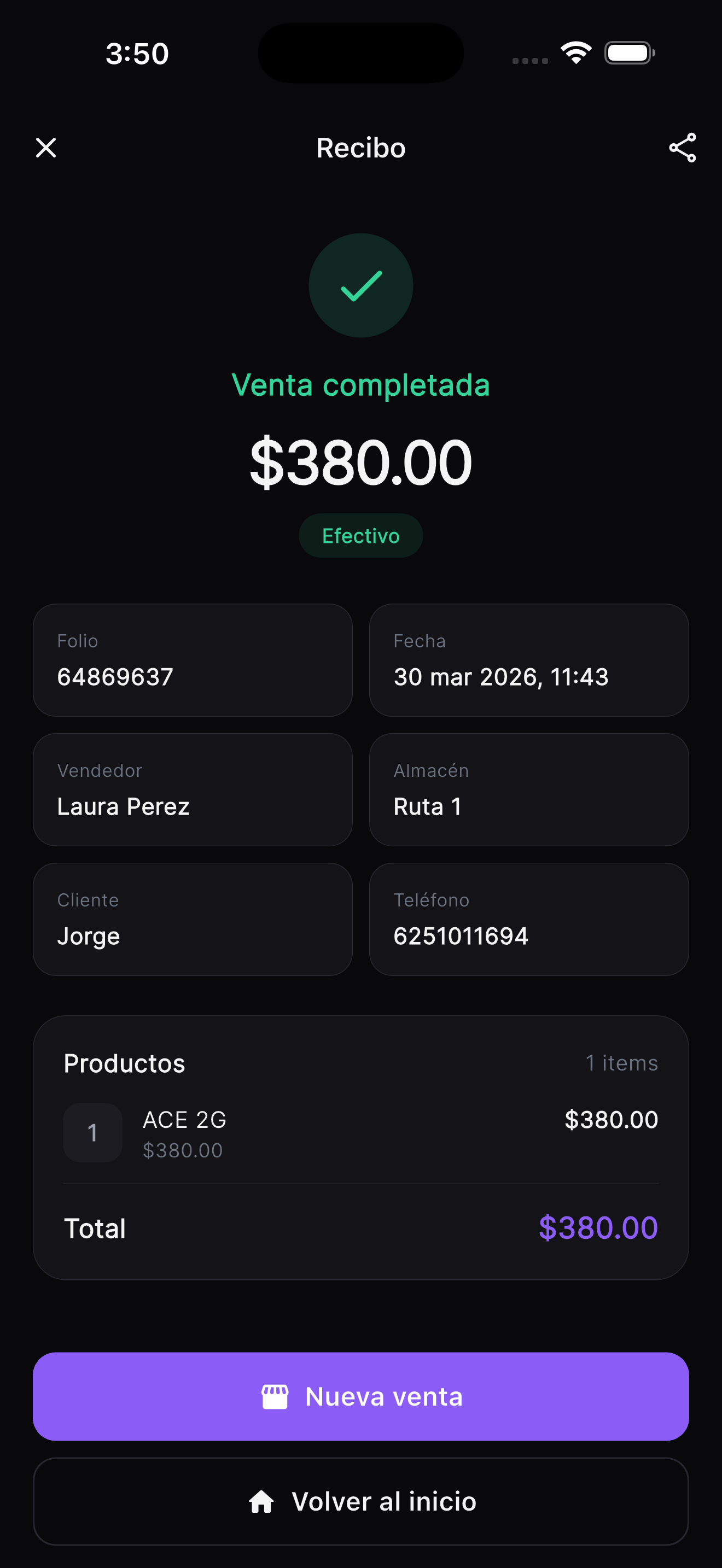 Recibo de venta generado con Korima punto de venta gratis