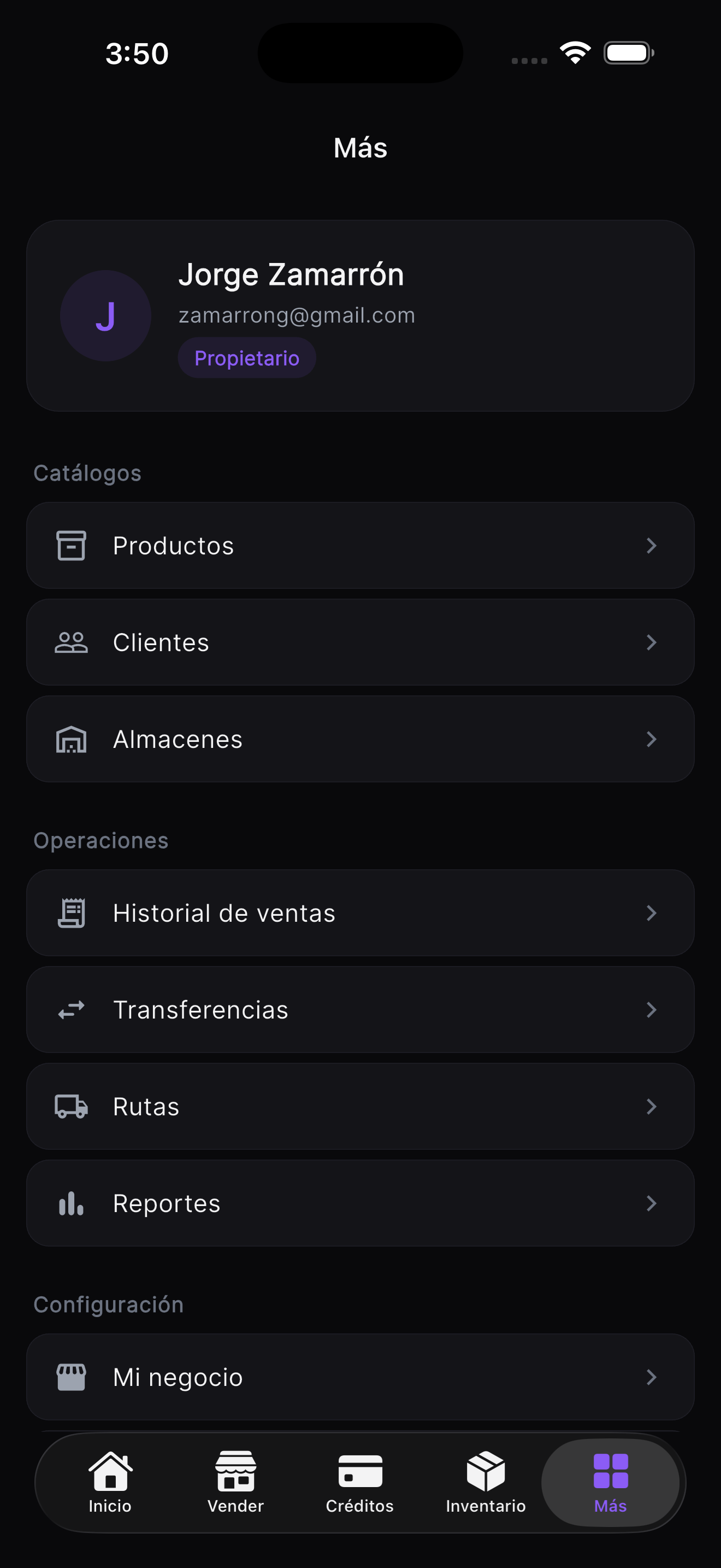 Configuración del negocio con catálogos y operaciones